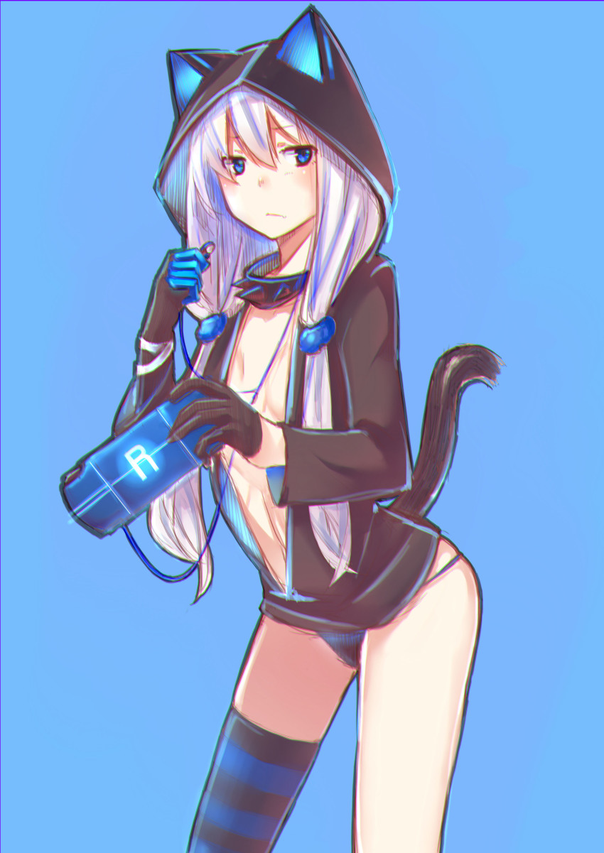 1girl, absurdres, animal_hood, asymmetrical_gloves, black_panties, blue_background, blue_eyes, cat_hood
