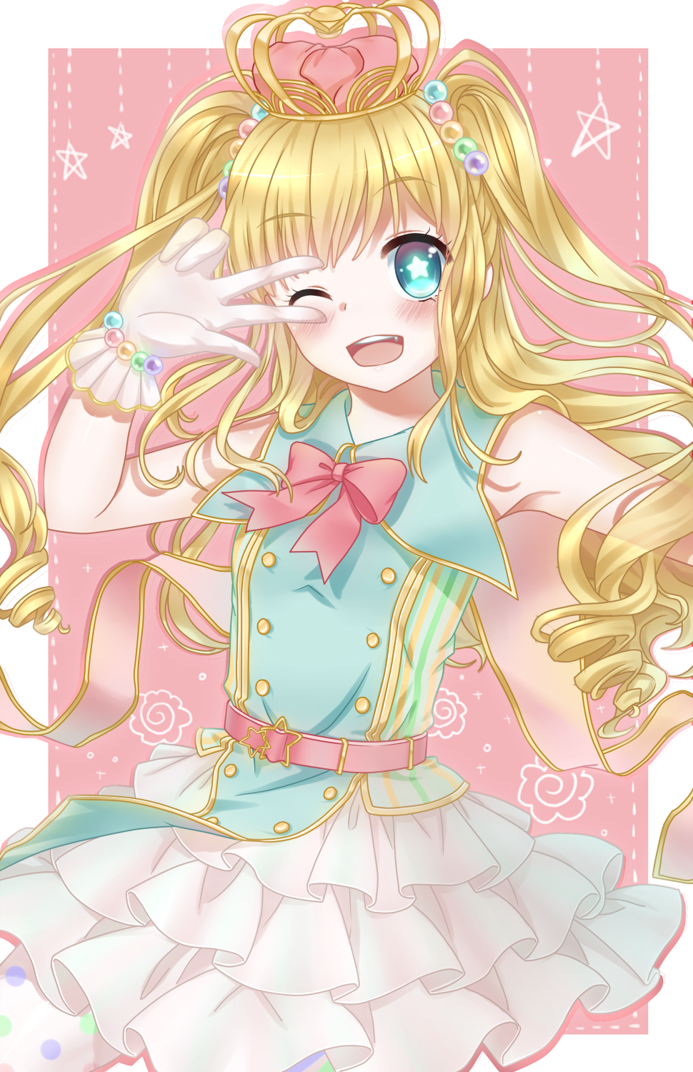 10s, 1girl, ;d, aqua_eyes, bare_shoulders, belt, blonde_hair, blush