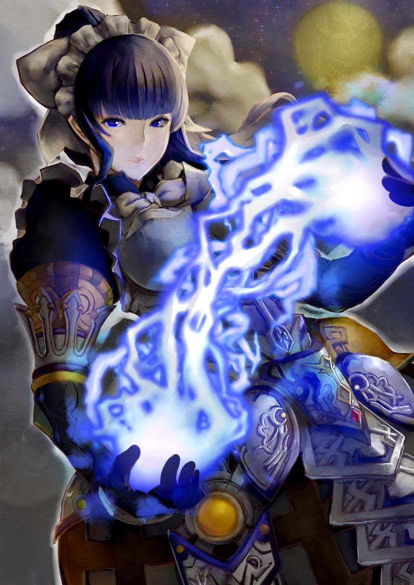 1girl, armor, armored_dress, black_hair, blue_eyes, breasts, cloud, dress