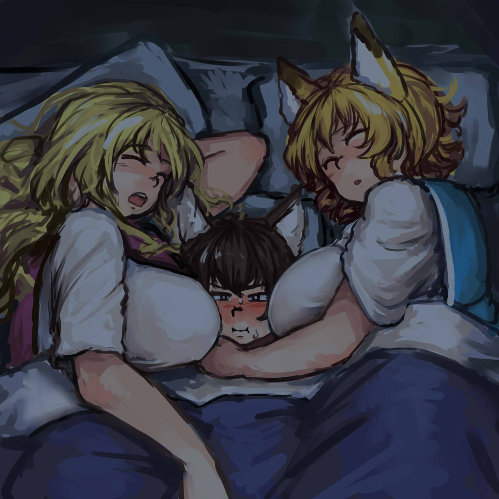 3girls, animal_ears, arm_around_neck, bed_sheet, blonde_hair, blush, breast_press, breasts
