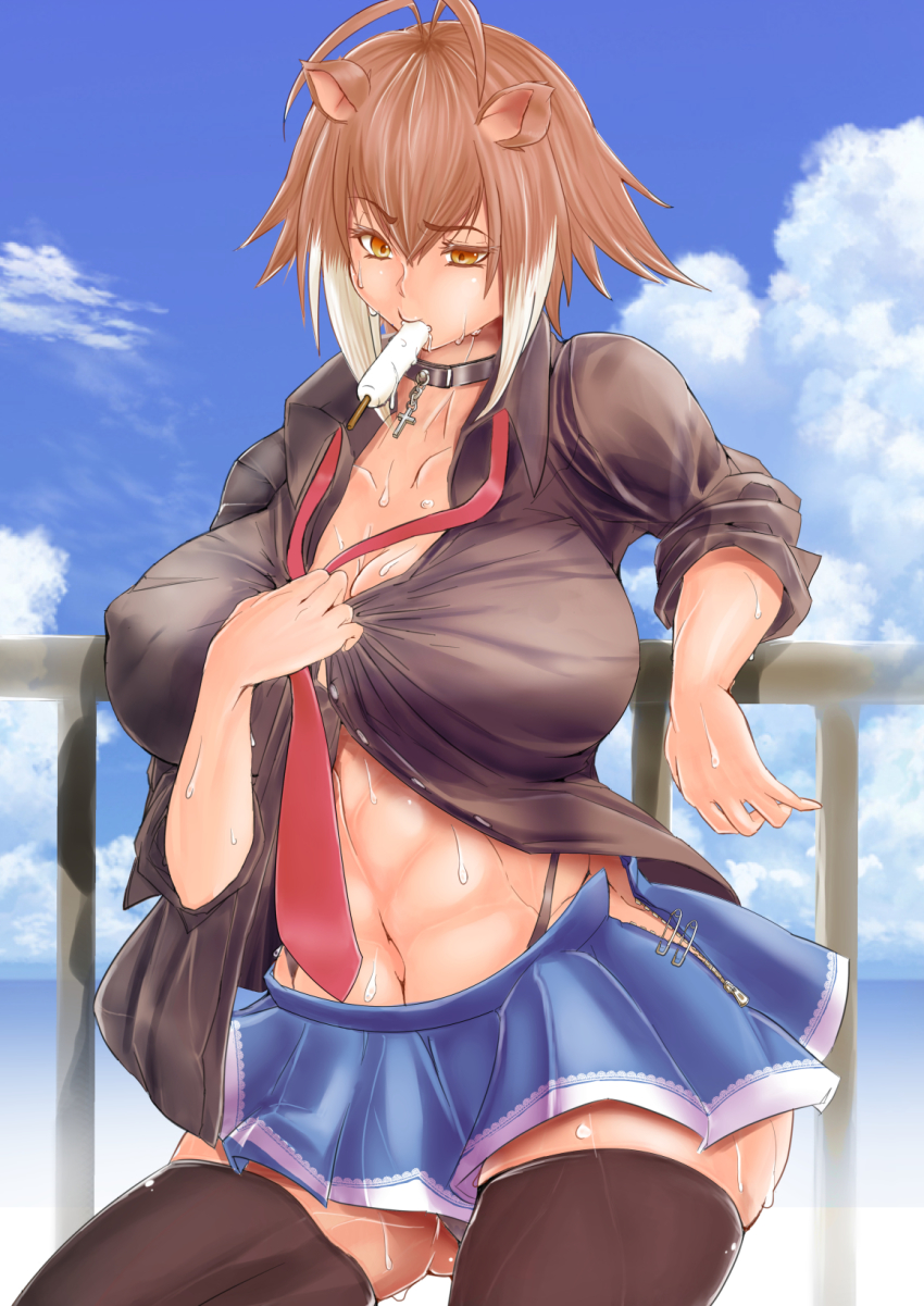 1girl, abs, against_railing, animal_ears, antenna_hair, ass, black_shirt, black_thighhighs, blazblue, blue_skirt, breasts, brown_hair, choker, cleavage, cloud, cloudy_sky, cross, curvy, day, eating, female_focus, food, highleg, highleg_panties, highres, hot, huge_breasts, large_breasts, leaning_against_railing, loose_necktie, makoto_nanaya, miniskirt, multicolored_hair, navel, necktie, no_bra, missing_tail, nontan_(nontanexx), orange_eyes, panties, pantyshot, plump, popsicle, railing, red_necktie, revealing_clothes, safety_pin, school_uniform, shirt, short_hair, side_slit, skindentation, skirt, sky, sleeves_pushed_up, solo, squirrel_ears, sweat, thick_thighs, thighhighs, thighs, thong, two-tone_hair, unbuttoned, unbuttoned_shirt, underwear, unzipped, whale_tail_(clothing), zettai_ryouiki, zipper