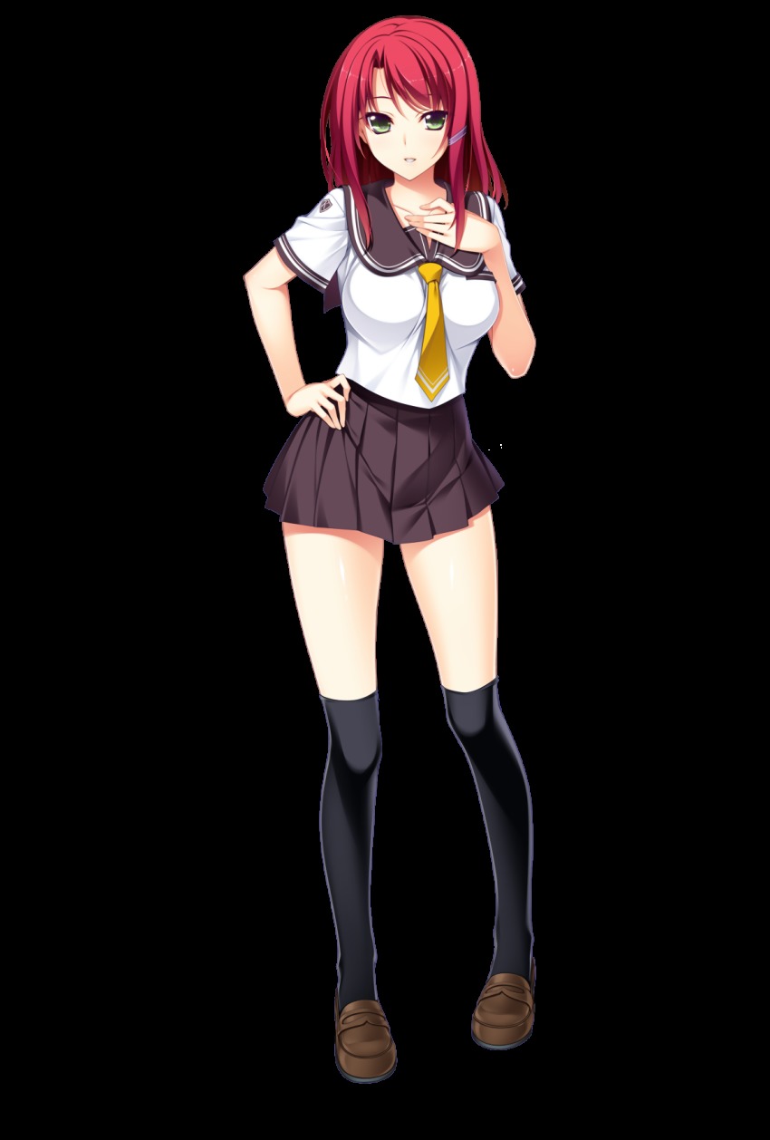 1girl, black_thighhighs, breasts, female_focus, full_body, green_eyes, hair_ornament, hairclip