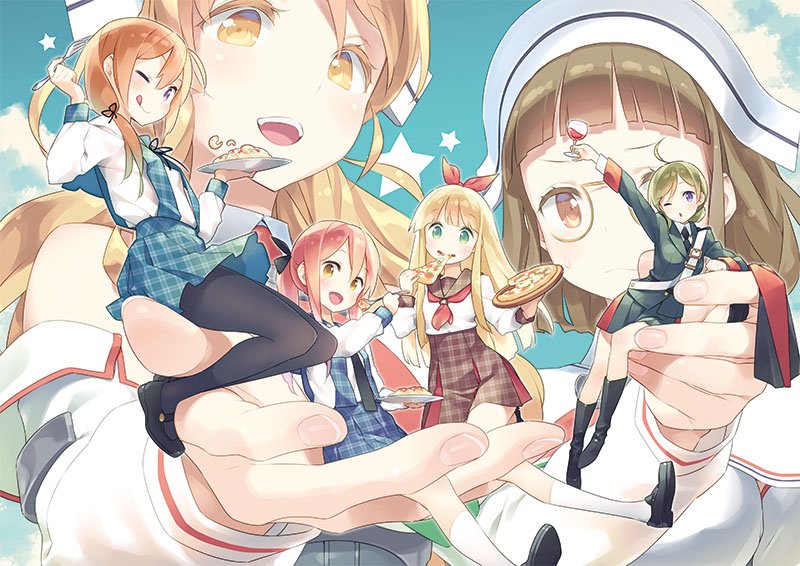 10s, 381mm/50_triple_gun_mount, 381mm/50_triple_gun_mount_kai, 6+girls, 90mm_single_high-angle_gun_mount, ;q, alcohol, black_socks, blazer, blonde_hair, boots, brown_eyes, brown_hair, cup, drinking_glass, eating, fairy, fairy_(kancolle), food, fork, gayarou, glasses, holding, holding_mini_person, in_palm, jacket, jpeg_artifacts, kantai_collection, knee_boots, kneehighs, light_brown_hair, littorio_(kancolle), loafers, mary_janes, mini_person, minigirl, multiple_girls, neckerchief, necktie, one_eye_closed, oto_152mm_triple_rapid_fire_gun_mount, pantyhose, pasta, pince-nez, pizza, plaid_clothes, plaid_skirt, pleated_skirt, red_hair, risotto, roma_(kancolle), school_uniform, serafuku, shoes, shrimp, skirt, socks, spaghetti, suspender_skirt, suspenders, tongue, tongue_out, white_legwear, wine, wine_glass, yellow_eyes