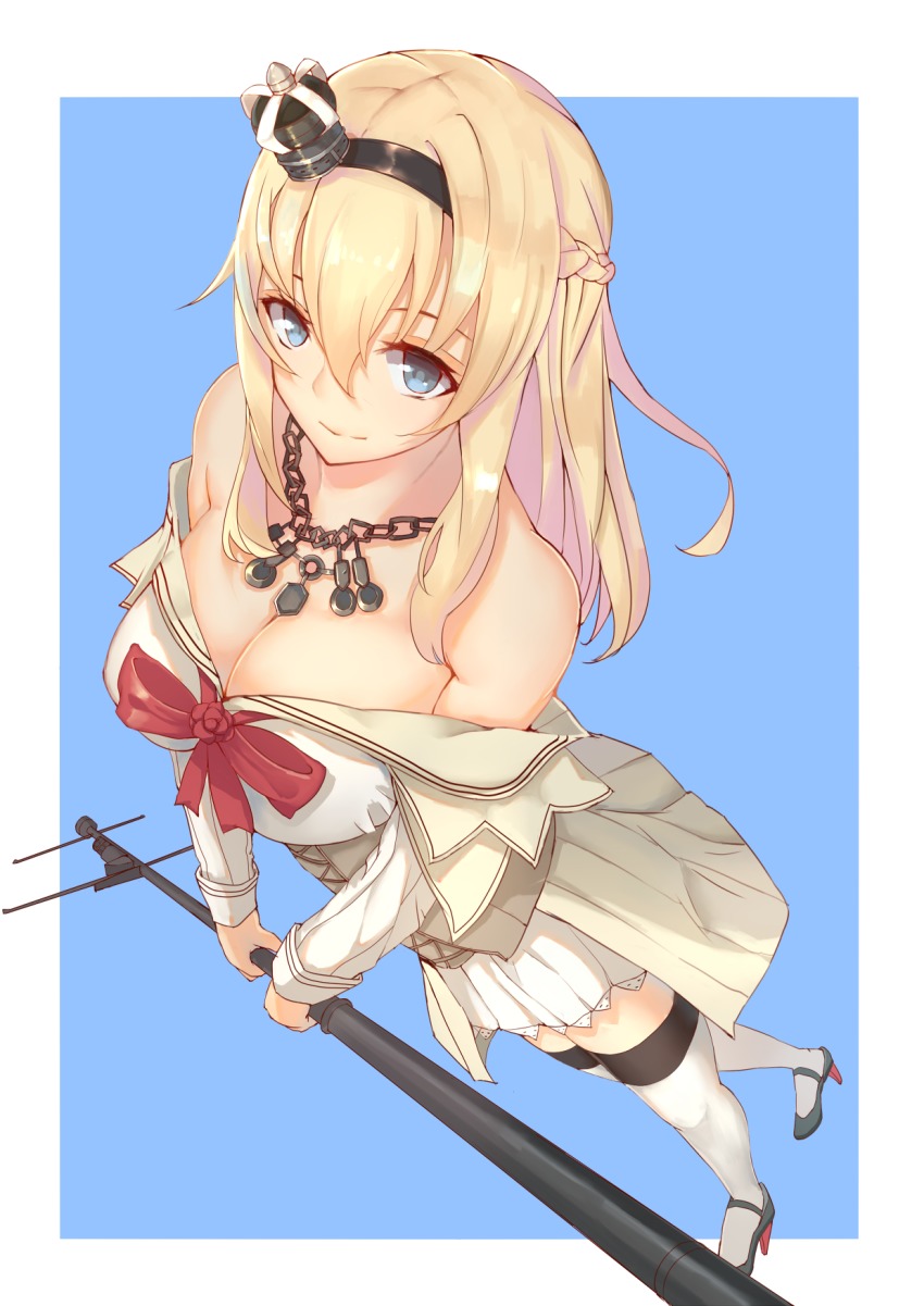 10s, 1girl, bare_shoulders, black_shoes, blonde_hair, blue_eyes, braid, breasts