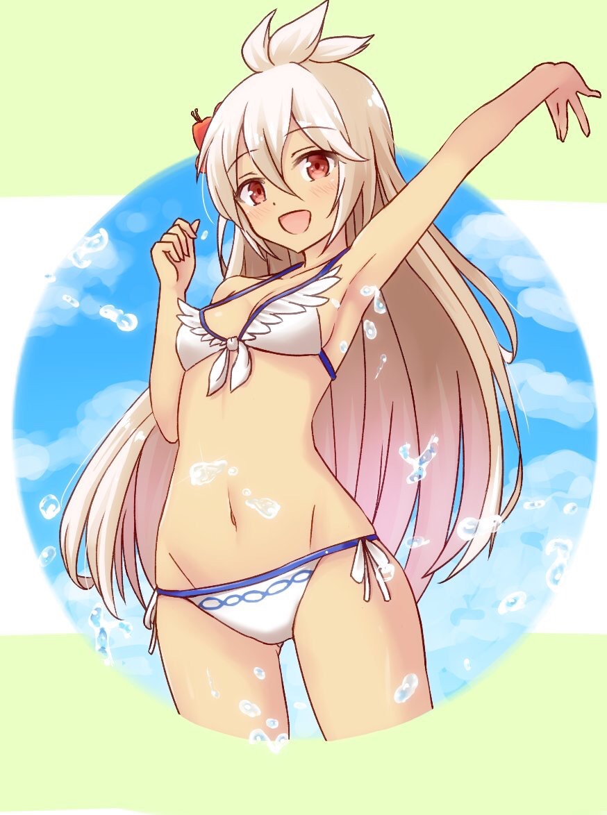10s, 1girl, :d, ahoge, arm_at_side, arm_up, armpits, bikini