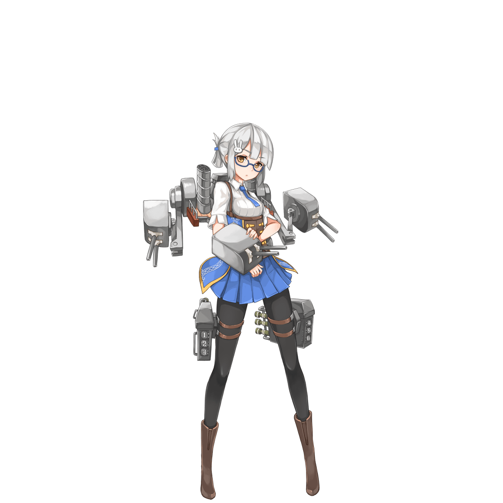 15k, 1girl, black_pantyhose, blue-framed_eyewear, blue_necktie, blue_skirt, boots, breasts, cannon, corset, female_focus, folded_ponytail, full_body, glasses, hair_ornament, head_tilt, looking_at_viewer, necktie, official_art, pantyhose, penelope_(warship_girls_r), pleated_skirt, rabbit_hair_ornament, ribbed_shirt, rigging, semi-rimless_eyewear, ship_turret, shirt, silver_hair, skirt, small_breasts, solo, square-end_necktie, thigh_strap, torpedo, transparent_background, under-rim_eyewear, warship_girls_r, yellow_eyes
