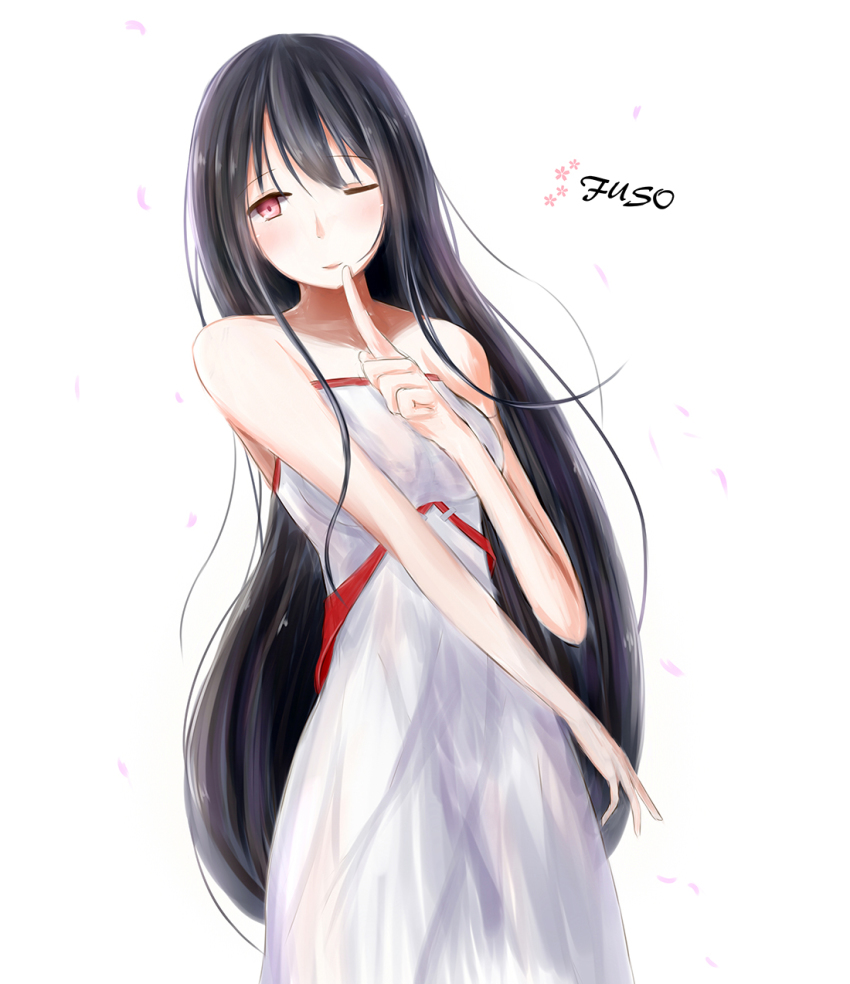 10s, 1girl, alternate_costume, bare_arms, bare_shoulders, black_hair, character_name, commentary_request