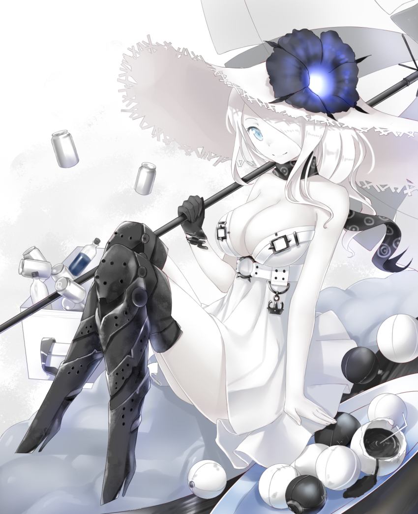 10s, 1girl, abyssal_ship, armor, armored_boots, blue_eyes, boots, bottle, breasts, can, cleavage, colored_skin, dress, drinking_straw, female_focus, flower, gloves, hair_over_one_eye, hat, hat_flower, highres, ji_dao_ji, kantai_collection, large_breasts, long_hair, looking_at_viewer, scarf, seaport_summer_princess, single_glove, sitting, smile, solo, strapless, strapless_dress, sun_hat, sundress, thigh_boots, thighhighs, umbrella, white_dress, white_hair, white_hat, white_skin