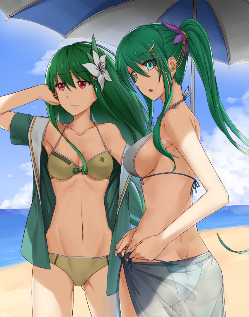 2girls, aki_(aoirowings), artemis_(p&amp;d), ass, athena_(p&amp;d), back, beach, beach_umbrella, bikini, blue_sky, breasts, butt_crack, cloud, collarbone, cowboy_shot, day, flower, green_eyes, green_hair, hair_flower, hair_ornament, tucking_hair, highres, long_hair, medium_breasts, multiple_girls, navel, open_clothes, open_mouth, open_shirt, outdoors, parted_lips, ponytail, puzzle_&amp;_dragons, red_eyes, sarong, see-through_clothes, shirt, sideboob, sky, surprised, swimsuit, umbrella, undressing, very_long_hair, yellow_bikini