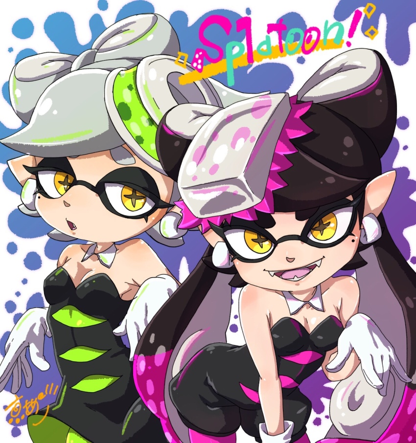 +_+, 2girls, :o, bare_shoulders, bent_over, black_dress, black_hair, bow, breasts, callie_(splatoon), callie_(squid_sisters_outfit)_(splatoon), cleavage, copyright_name, cousins, detached_collar, dress, earrings, fangs, food, food_on_head, gloves, green_legwear, hair_bow, hat, highres, inkling, jewelry, long_hair, looking_at_viewer, marie_(splatoon), marie_(squid_sisters_outfit)_(splatoon), miyako_ameko, mole, mole_under_eye, multiple_girls, nintendo, object_on_head, open_mouth, pantyhose, pointy_ears, purple_legwear, short_hair, short_jumpsuit, silver_hair, small_breasts, smile, splatoon_(series), splatoon_1, strapless, symbol-shaped_pupils, tentacle_hair, tentacles, thick_eyebrows, white_gloves, yellow_eyes