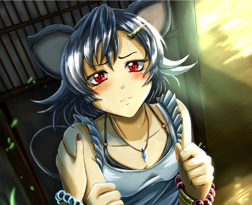 2girls, adapted_costume, animal_ears, bare_arms, bead_bracelet, beads, black_bra, blush, bra, bracelet, breasts, clenched_hands, collarbone, commentary_request, female_pov, fingernails, from_above, frown, futagojima, grey_hair, hair_ornament, hairclip, hand_on_another's_arm, indoors, jewelry, looking_at_viewer, looking_up, mouse_ears, mouse_tail, multiple_girls, nail_polish, nazrin, pendant, pov, pov_hands, red_eyes, shirt, short_hair, sleeveless, sleeveless_shirt, small_breasts, solo_focus, sweat, tail, toramaru_shou, touhou, underwear