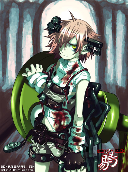 1girl, a.b.a, arc_system_works, bandages, belt, blood, crazy_eyes, female_focus, fingerless_gloves, gloves, green_eyes, guilty_gear, hair_over_one_eye, homunculus, key, key_in_head, konohana_m_giraffe, object_through_head, paracelsus_(guilty_gear), red_hair, short_hair, solo, watermark, web_address