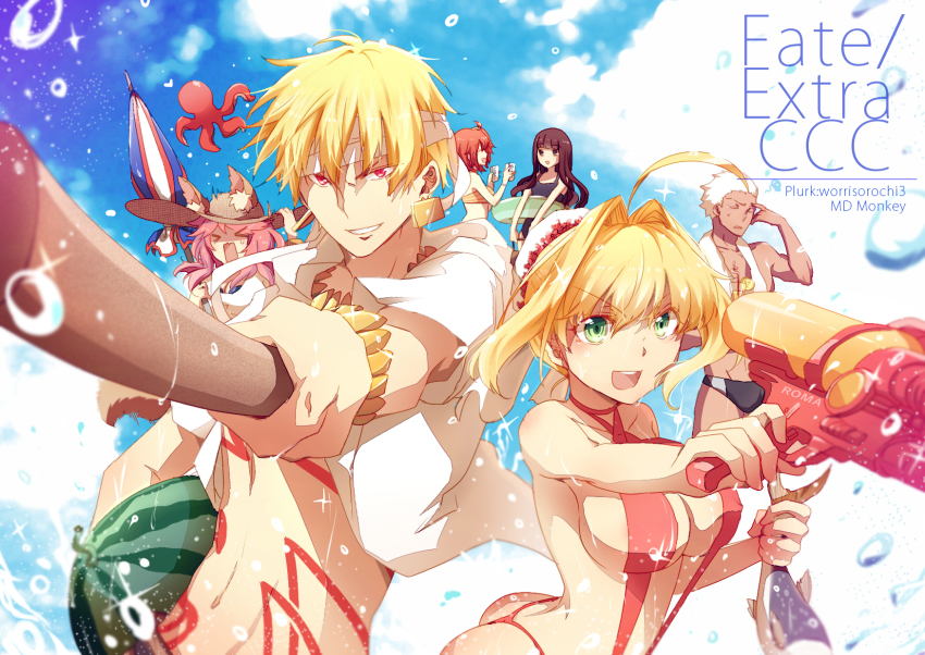 10s, 2boys, 4girls, ahoge, animal_ears, archer_(black_swimmer)_(fate), archer_(fate), ass, black_male_swimwear, black_swim_briefs, blonde_hair, bracelet, breasts, brown_eyes, brown_hair, copyright_name, covered_erect_nipples, dark_skin, drinking_straw, earrings, fate/extra, fate/extra_ccc, fate/grand_order, fate/stay_night, fate/zero, fate_(series), fish, food, fox_ears, fruit, fujimaru_ritsuka_(female), fujimaru_ritsuka_(female)_(brilliant_summer), gilgamesh_(excited_swimmer)_(fate), gilgamesh_(fate), green_eyes, hair_intakes, headband, highres, jewelry, kishinami_hakuno_(female), large_breasts, long_hair, male_swimwear, multiple_boys, multiple_girls, nero_claudius_(fate), nero_claudius_(fate/extra), nero_claudius_(red_lightning)_(fate), official_alternate_costume, open_mouth, parasol, pink_hair, red_eyes, slingshot_swimsuit, smile, swim_briefs, swimsuit, sword, tamamo_no_mae_(fate), tamamo_no_mae_(swimsuit_lancer)_(fate), tattoo, thong, umbrella, water_gun, watermelon, weapon, white_hair, wooden_sword, worrisorochi