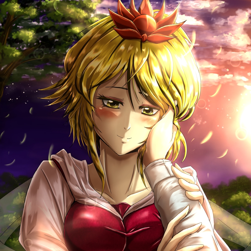 1girl, blonde_hair, blush, collarbone, futagojima, hair_ornament, hand_on_another's_cheek, hand_on_another's_face