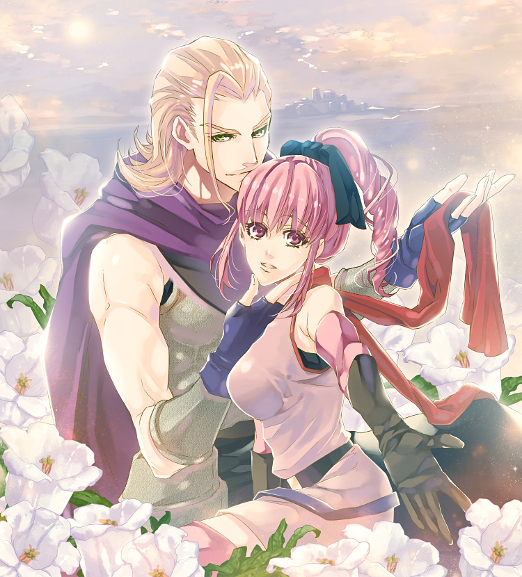 1boy, 1girl, bad_id, bad_pixiv_id, blonde_hair, bow, ceser, cloud, dragon_quest, dragon_quest_heroes, dragon_quest_heroes_ii, fingerless_gloves, flower, gloves, green_eyes, leaf, long_hair, pink_eyes, pink_hair, ponytail, scarf, shinkan_minarai, sitting, sky, teresia