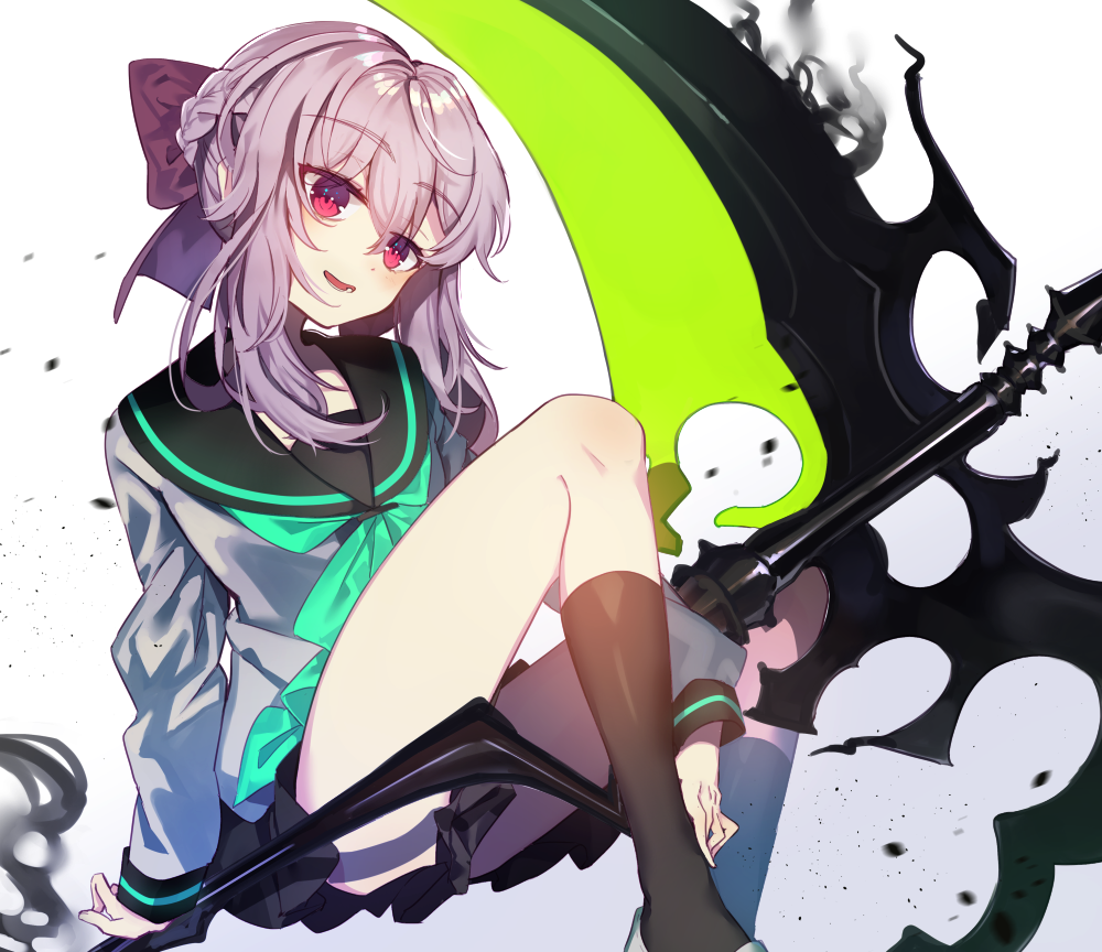 10s, 1girl, :d, bad_id, bad_pixiv_id, black_socks, brown_eyes, female_focus, hiiragi_shinoa, kinokoko-kino, kneehighs, long_hair, looking_at_viewer, open_mouth, owari_no_seraph, purple_hair, school_uniform, scythe, skirt, smile, socks, solo