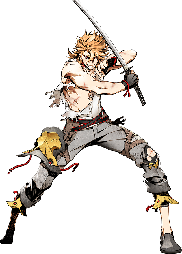 10s, 1boy, alpha_transparency, armor, belt, black_gloves, blonde_hair, fingerless_gloves, full_body, gloves, grey_jacket, injury, jacket, japanese_armor, katana, male_focus, miwa_shirow, official_art, red_eyes, shoulder_armor, smile, sode, sohaya-no-tsurugi, solo, sword, torn_clothes, touken_ranbu, transparent_background, unsheathed, weapon