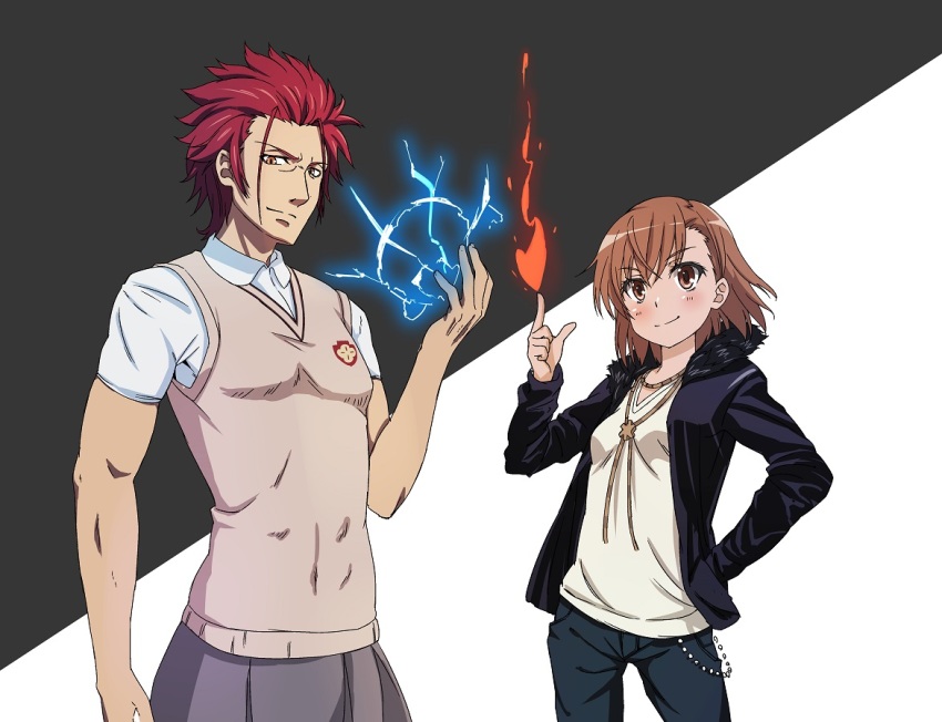 10s, 1boy, 1girl, blush, breasts, brown_eyes, brown_hair, brown_sweater