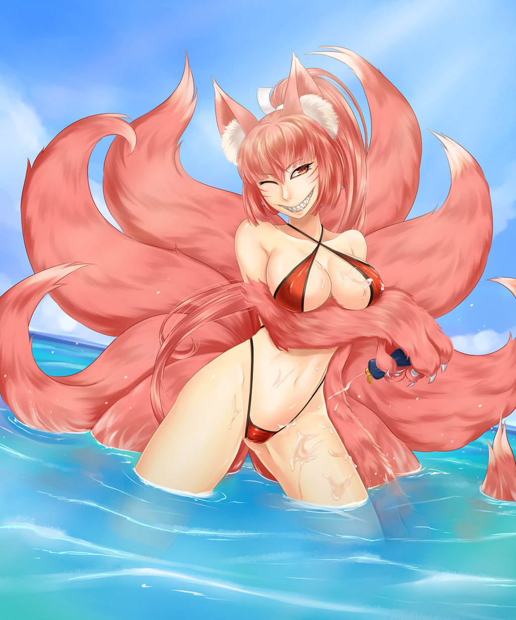 1girl, animal_ears, animal_hands, bare_shoulders, bikini, breasts, claws, day