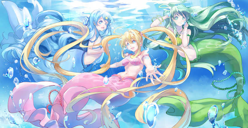 00s, 3girls, absurdres, bikini, blonde_hair, blue_eyes, blue_hair, ein_(artist)