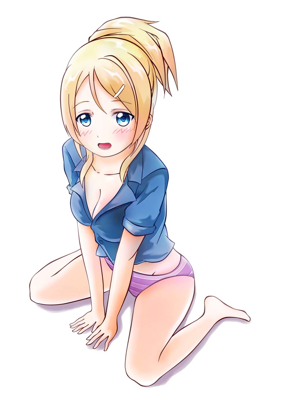 10s, 1girl, arm_support, ayase_eli, barefoot, blue_eyes, blue_shirt, blush