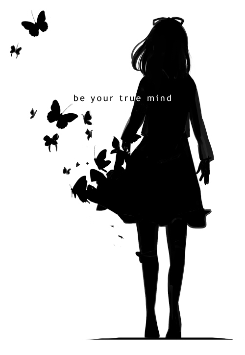 1girl, bug, butterfly, english_text, female_focus, full_body, greyscale, monochrome