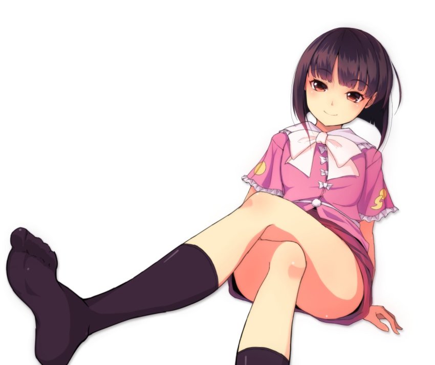 1girl, adapted_costume, alternate_hair_length, alternate_hairstyle, black_hair, black_socks, bow, crossed_legs