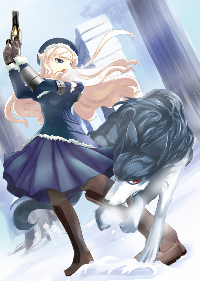 atlus, bad_id, bad_pixiv_id, dress, etrian_odyssey, gun, gunner_(sekaiju), gunner_2_(sekaiju), hat, kemoi, kemokemo_gdgd, pantyhose, pet_(sekaiju), pet_3_(sekaiju), weapon, wolf