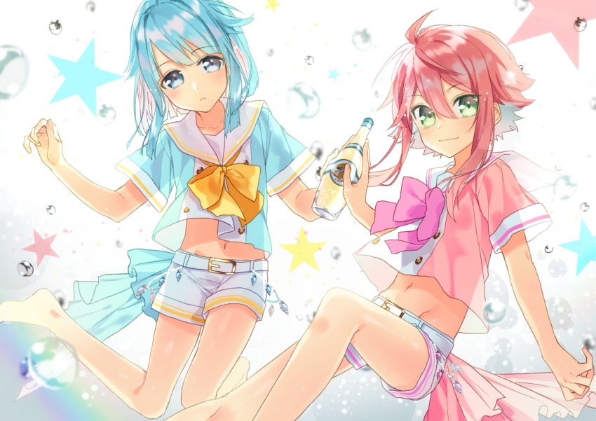 10s, 2boys, ahoge, barefoot, blue_eyes, blue_hair, blush, bubble