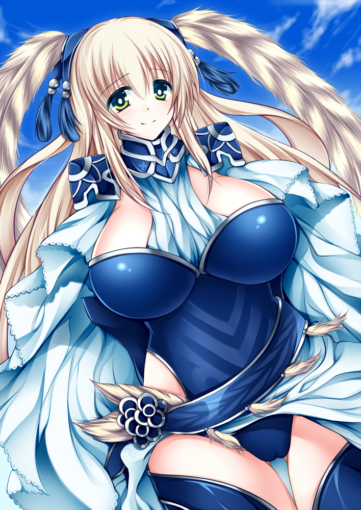 1girl, blonde_hair, blue_thighhighs, blush, breasts, cameltoe, cape, closed_mouth
