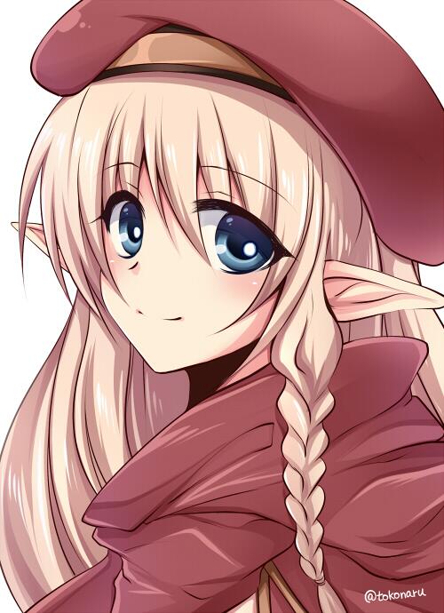1girl, alleyne_(queen's_blade), beret, blonde_hair, blue_eyes, blush, braid, cape