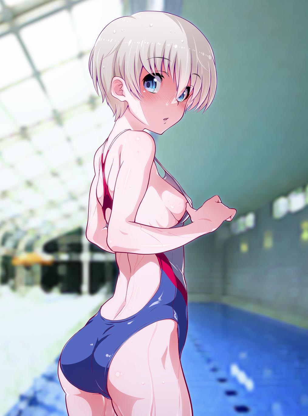 10s, 1girl, alternate_costume, arms_at_sides, ass, backless_outfit, bare_arms, bare_legs, bare_shoulders, blue_eyes, blurry, blurry_background, blush, breasts, clothes_pull, competition_swimsuit, cowboy_shot, depth_of_field, female_focus, from_behind, hair_between_eyes, highres, indoors, kantai_collection, kurihara_kenshirou, lips, looking_at_viewer, one-piece_swimsuit, one-piece_swimsuit_pull, open_mouth, pool, pulling_own_clothes, short_hair, sideboob, silver_hair, small_breasts, solo, standing, swimsuit, thighs, wet, z1_leberecht_maass_(kancolle)