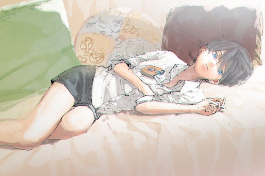 1boy, black_hair, blue_eyes, cigarette, hana_(dqkmb362), high_speed!, looking_at_viewer, lying