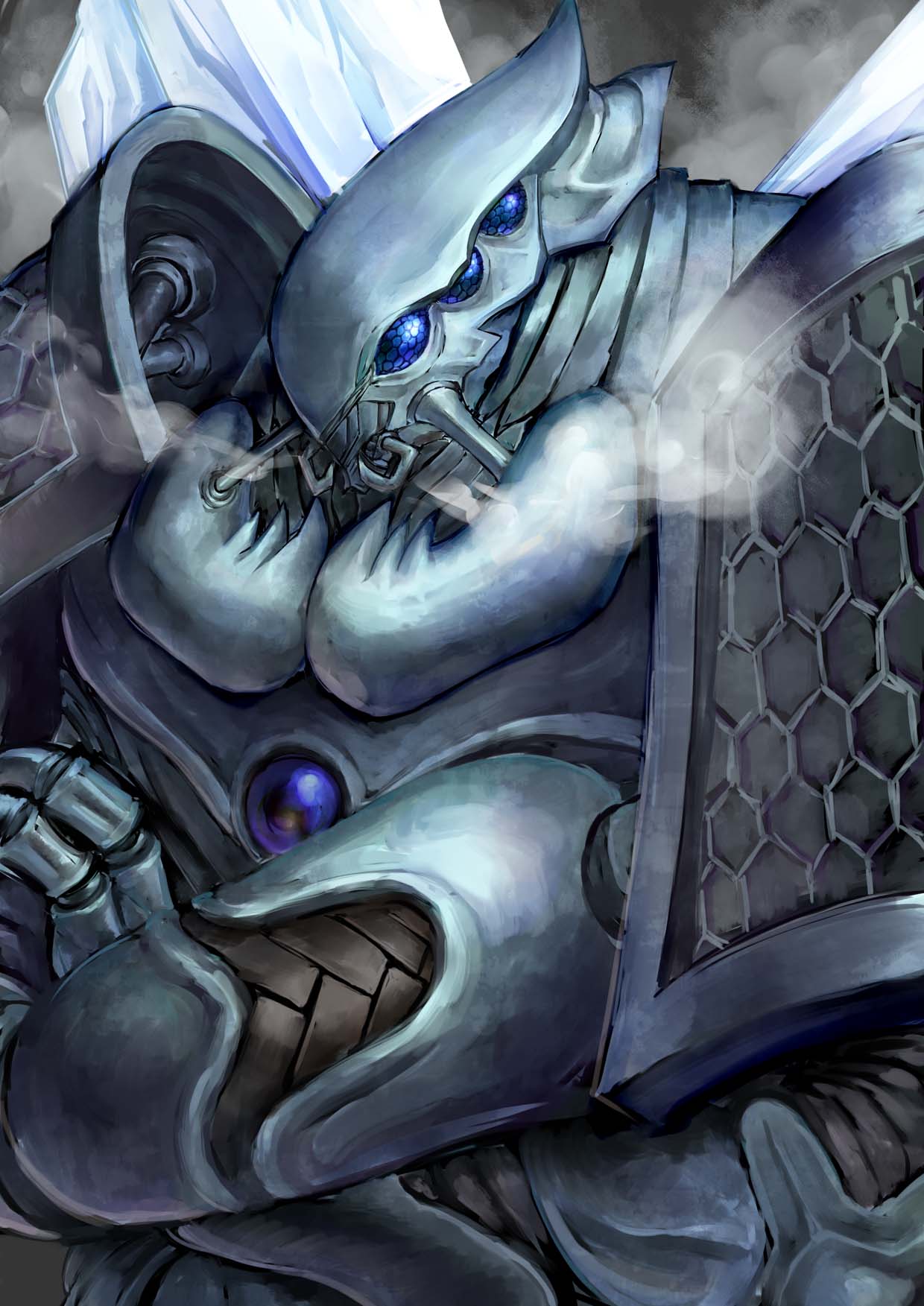 1boy, armor, blue_eyes, bug, cocytus_(overlord), crossed_arms, extra_eyes, fang