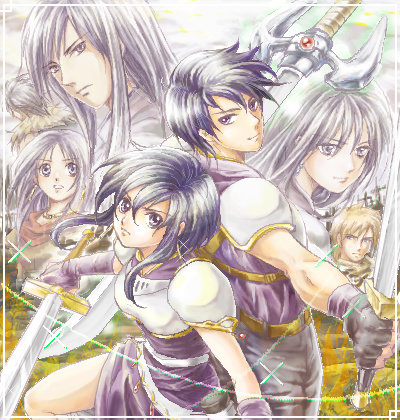 3girls, 4boys, armor, ayra_(fire_emblem), black_hair, brother_and_sister, chulainn_(fire_emblem), fingerless_gloves, fire_emblem, fire_emblem:_genealogy_of_the_holy_war, fire_emblem:_thracia_776, galzus_(fire_emblem), gloves, larcei_(fire_emblem), long_hair, lowres, mareeta_(fire_emblem), multiple_boys, multiple_girls, nintendo, oekaki, purple_eyes, scathach_(fire_emblem), shannan_(fire_emblem), short_hair, siblings, sword, weapon