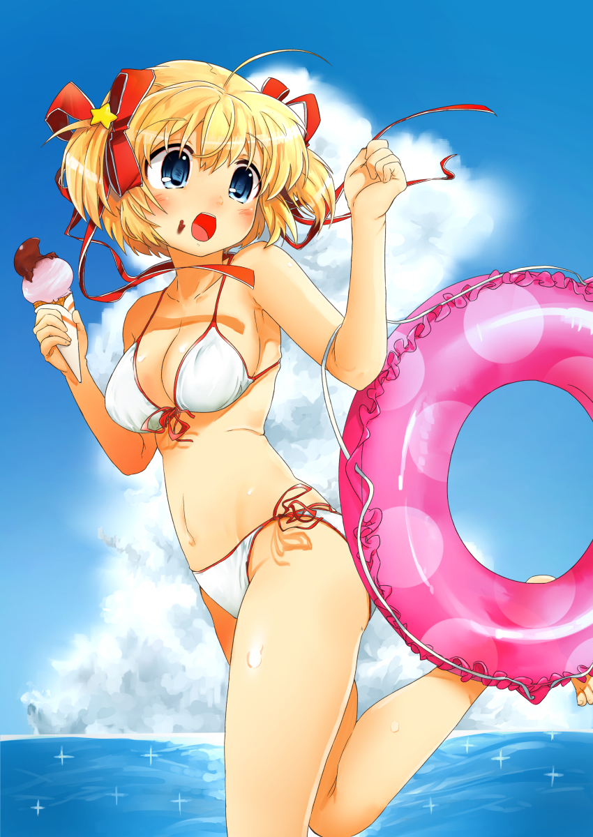 1girl, absurdres, bikini, blonde_hair, blue_eyes, blush, breasts, cleavage