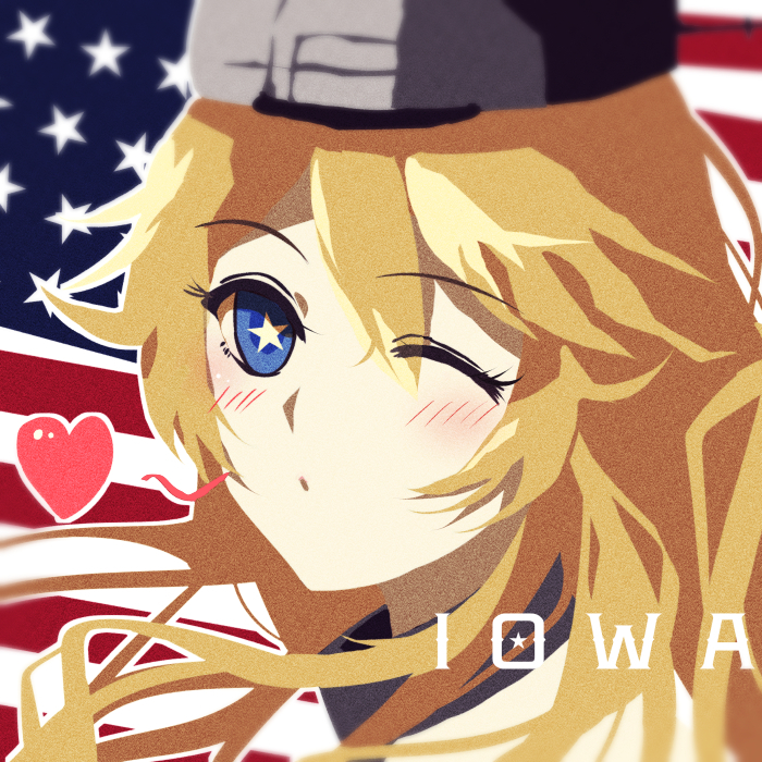 10s, 1girl, american_flag, bad_id, bad_pixiv_id, blonde_hair, blue_eyes, character_name, female_focus, headgear, heart, iowa_(kancolle), kantai_collection, mitar, one_eye_closed, portrait, pouty_lips, solo, star-shaped_pupils, star_(symbol), symbol-shaped_pupils