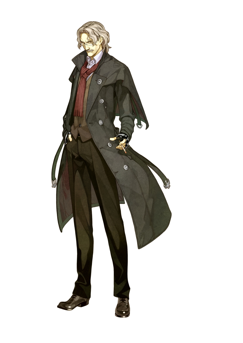 1boy, absurdres, atelier_(series), atelier_ayesha, cigarette, coat, facial_hair, fingerless_gloves