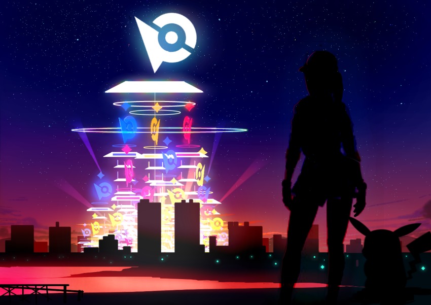 10s, 1girl, baseball_cap, cityscape, cosmo_(465lilia), female_protagonist_(pokemon_go), from_behind, gen_1_pokemon