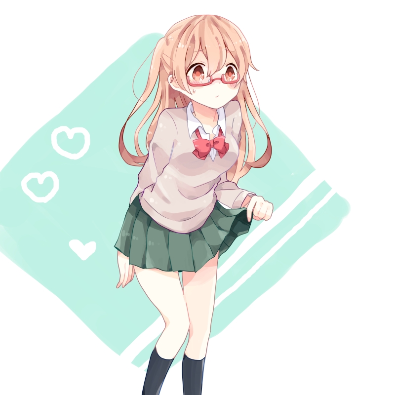 10s, 1girl, breasts, brown_hair, female_focus, glasses, holding_own_skirt, long_hair, school_uniform, seuyu_majin, shiraishi_(tanakeda), solo, tanaka-kun_wa_itsumo_kedaruge