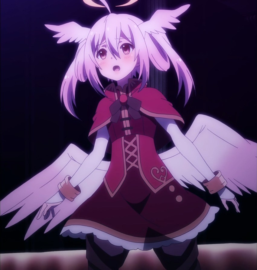 10s, ange_vierge, angel_wings, anime_screenshot, elel, halo, highres, pink_eyes, pink_hair, short_hair, solo, thighhighs, wings