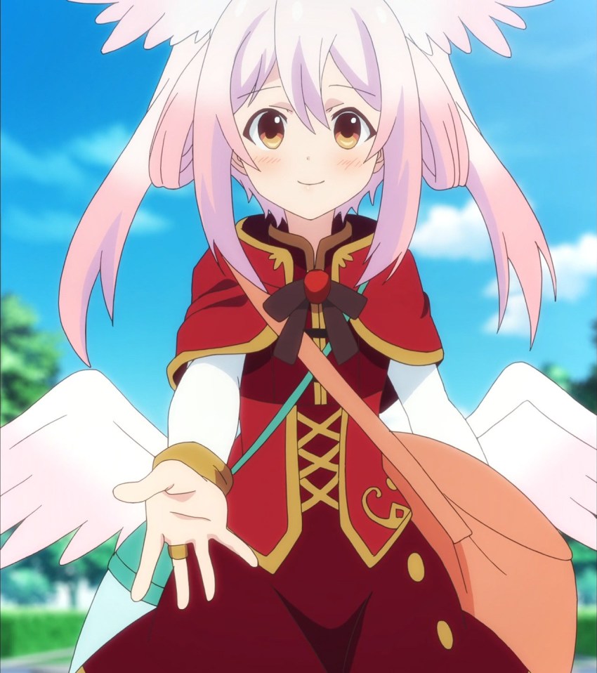 10s, ange_vierge, angel_wings, anime_screenshot, elel, highres, pink_hair, short_hair, solo, wings, yellow_eyes