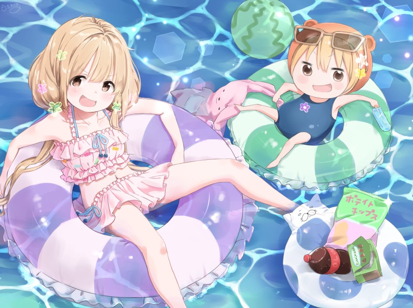 >:d, 10s, 2girls, :d, artist_name, blonde_hair, bottle, brown_eyes