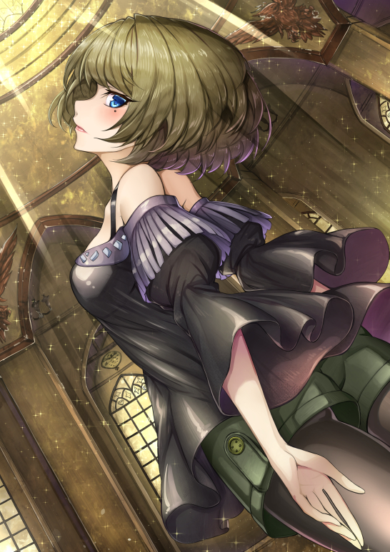 10s, 1girl, bad_id, bad_pixiv_id, bare_shoulders, blue_eyes, breasts, brown_hair