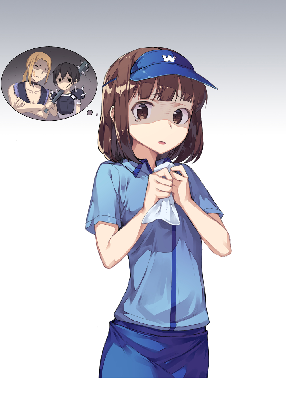 10s, 1girl, 2boys, bandaid, bandaid_on_face, club, club_(weapon), collar, crossed_arms, employee_uniform, fast_food_uniform, gradient_background, highres, jitome, looking_at_viewer, multiple_boys, newey, oota_(tanakeda), saionji_(tanakeda), shaded_face, short_hair, shoulder_spikes, speech_bubble, spiked_club, spiked_collar, spikes, tanaka-kun_wa_itsumo_kedaruge, tanaka_(tanakeda), tears, thought_bubble, visor_cap, weapon