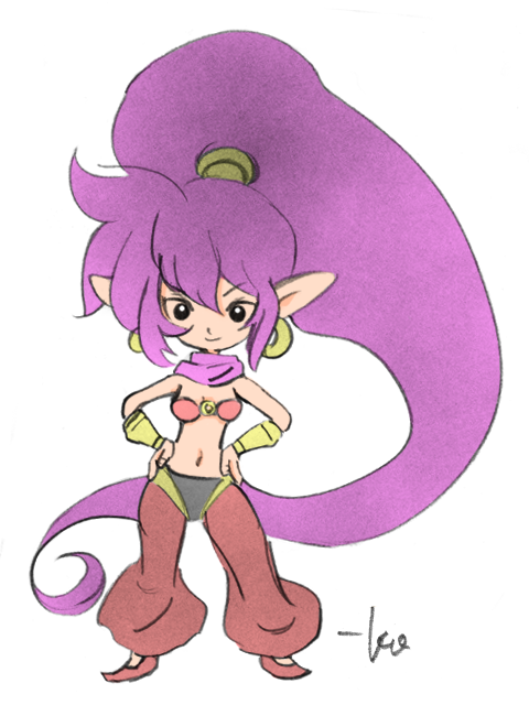1girl, earrings, navel, pointy_ears, ponytail, purple_hair, shantae, shantae_(series)