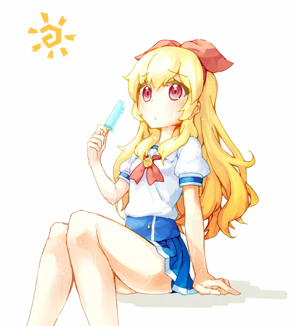 10s, 1girl, aikatsu!, aikatsu!_(series), bad_id, bad_pixiv_id, blonde_hair, blue_skirt, bow, female_focus, food, hair_bow, hoshimiya_ichigo, long_hair, magari_(liarsheeper), popsicle, red_eyes, sitting, skirt, solo, sun