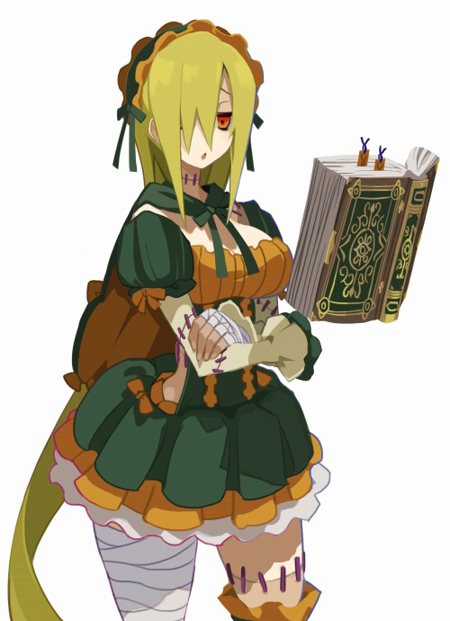 1girl, bandages, blonde_hair, book, crossed_arms, female_focus, floating, floating_object, hair_over_one_eye, harada_takehito, headdress, long_hair, long_sleeves, majo_to_hyakkihei, official_art, ryubence_(majo_to_hyakkihei), simple_background, solo, stitches, white_background