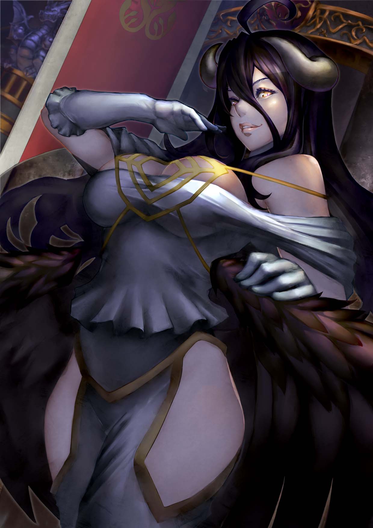 >:), 1girl, ahoge, albedo_(overlord), bare_shoulders, black_hair, black_wings, breasts, cleavage, clothing_cutout, cowboy_shot, demon_girl, demon_horns, dress, feathered_wings, female_focus, gloves, glowing, glowing_eye, highres, hip_vent, horns, large_breasts, lipstick, long_hair, looking_at_viewer, makeup, off-shoulder_dress, off_shoulder, overlord_(maruyama), parted_lips, pink_lips, shimashima_(pixiv3696209), shimashima_(simasima_23), slit_pupils, solo, v-shaped_eyebrows, very_long_hair, white_dress, white_gloves, wings, yellow_eyes