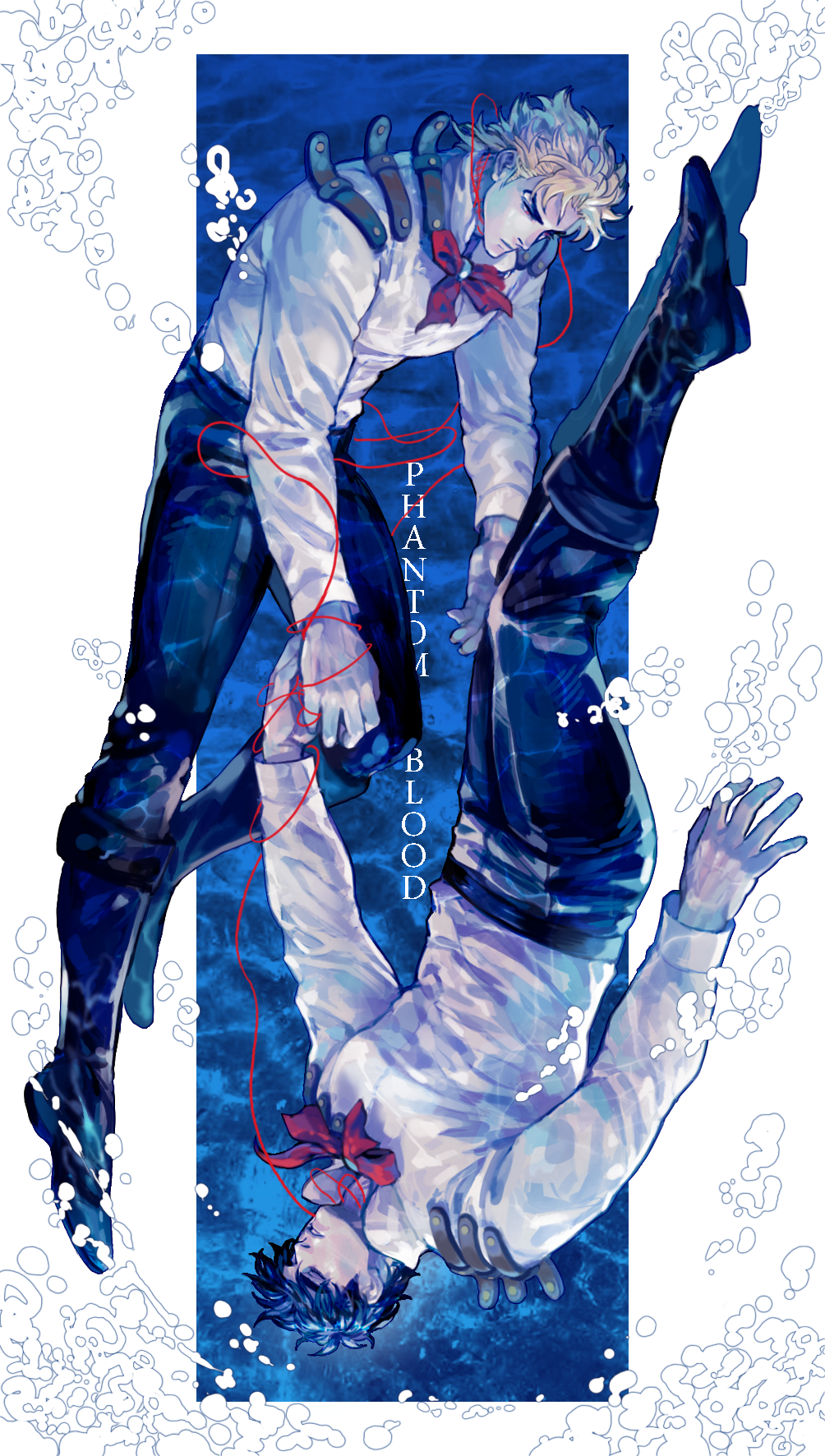 2boys, air_bubble, blonde_hair, blue_hair, boots, bubble, dio_brando, closed_eyes